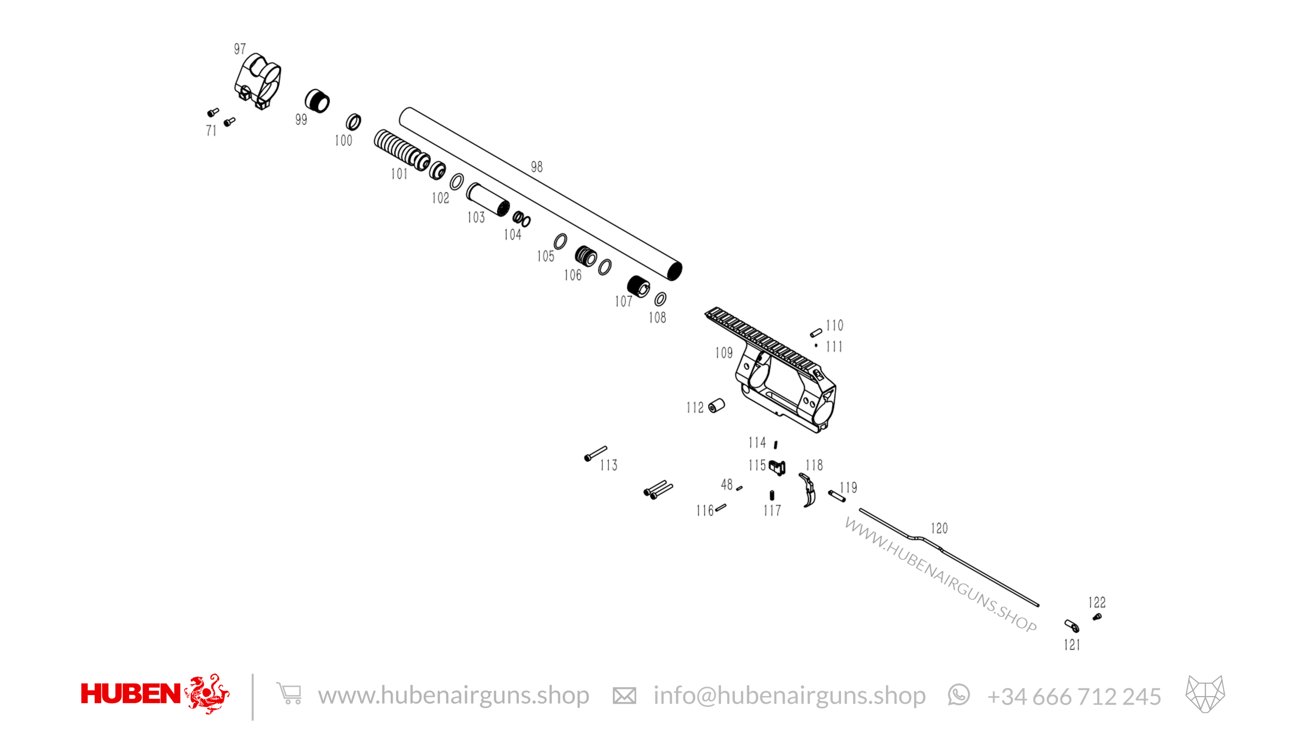 Spare Parts for Huben K1 Air Rifle · Diagram 4: Shroud + Trigger + Rail