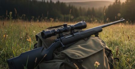A scoped air rifle resting on a pack in a field at dawn.