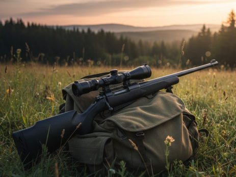 A scoped air rifle resting on a pack in a field at dawn.