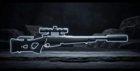 A premium black PCP air rifle on a dark surface under dramatic light.