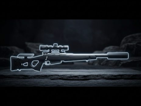 A premium black PCP air rifle on a dark surface under dramatic light.