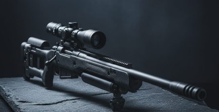 A large-caliber big bore air rifle on a dark surface.