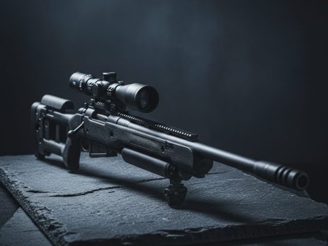 A large-caliber big bore air rifle on a dark surface.