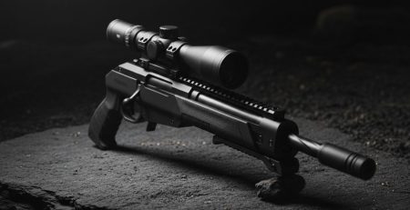 A compact tactical bullpup air rifle with a scope on a dark surface.