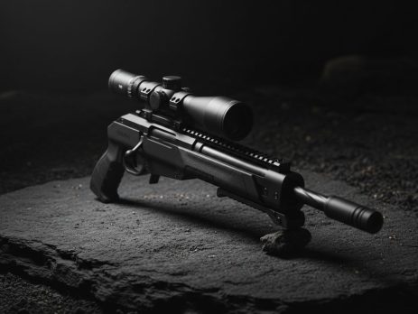 A compact tactical bullpup air rifle with a scope on a dark surface.