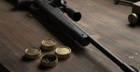 Airgun ammunition tins and a rifle on a dark workbench.