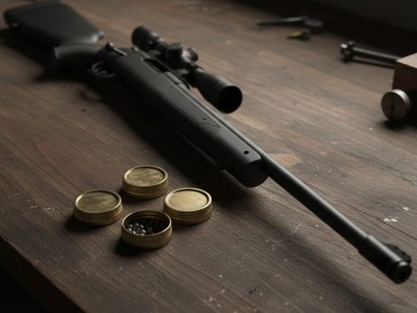 Airgun ammunition tins and a rifle on a dark workbench.