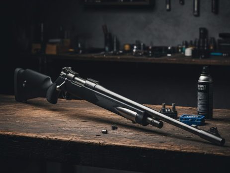 Airgun projectiles of different calibers on a dark slate surface.