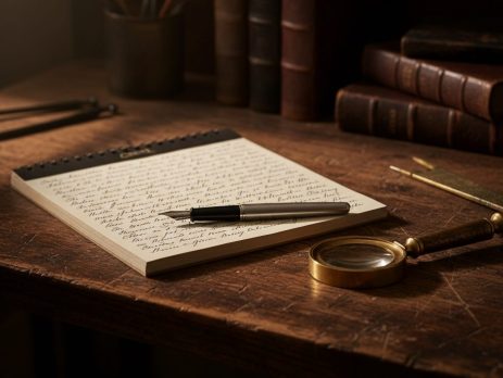 A range notebook and a magnifier beside pellet tins on a workbench.