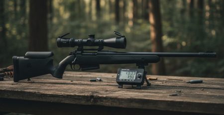 A scoped air rifle and chronograph on an outdoor bench.