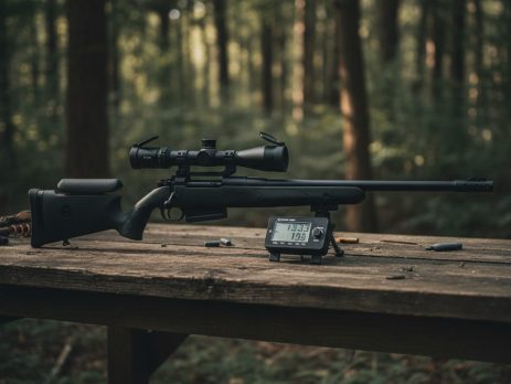 A scoped air rifle and chronograph on an outdoor bench.
