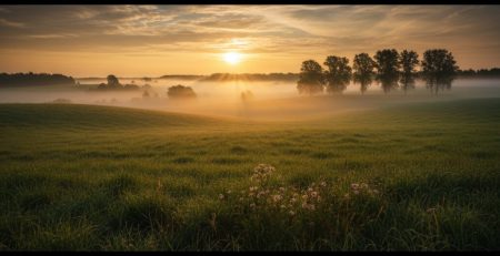 A misty field at dawn with a scoped air rifle on a rest.