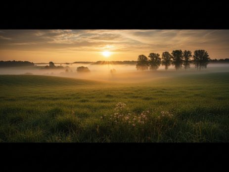 A misty field at dawn with a scoped air rifle on a rest.