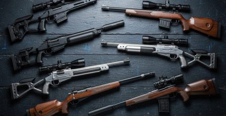 Several PCP air rifles arranged on a dark workbench.