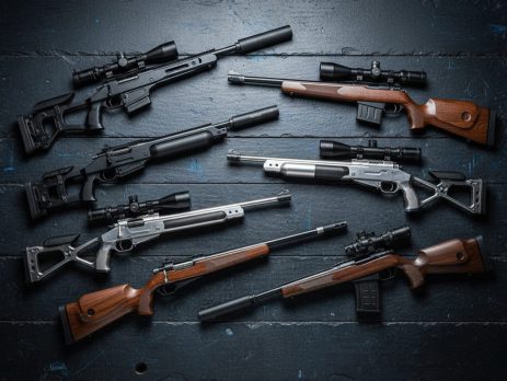 Several PCP air rifles arranged on a dark workbench.