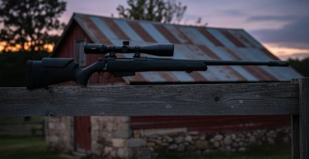A compact scoped air rifle on a rest near a farm building.