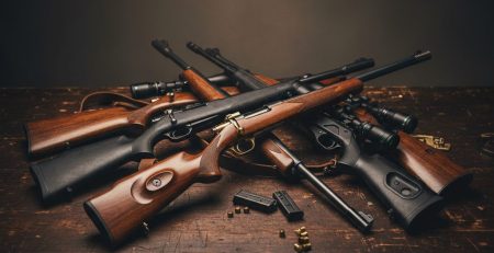 Different types of air rifles lined up on a workbench.