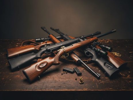 Different types of air rifles lined up on a workbench.