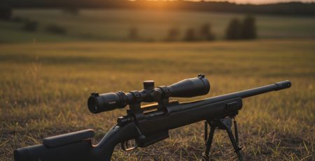 A scoped air rifle on a bipod overlooking a grassy field at dusk.