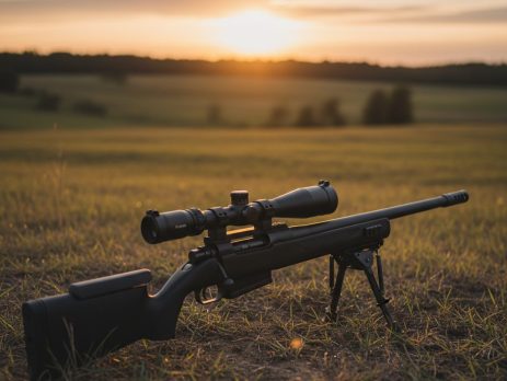 A scoped air rifle on a bipod overlooking a grassy field at dusk.