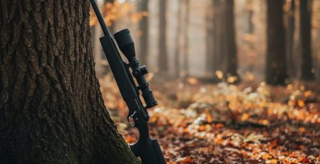 A scoped air rifle resting against a tree in woodland.