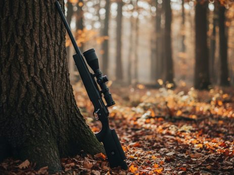 A scoped air rifle resting against a tree in woodland.